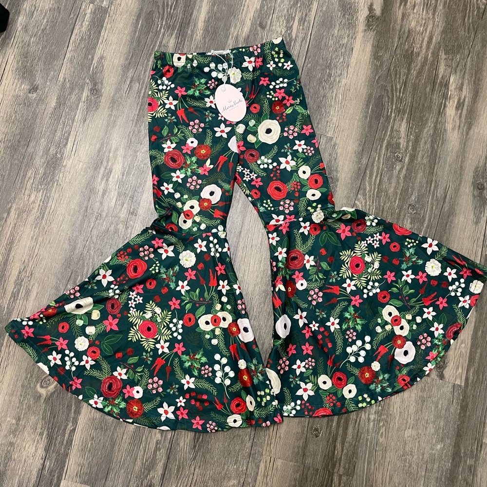 Green and Red Floral Leggings with Dramatic Flare